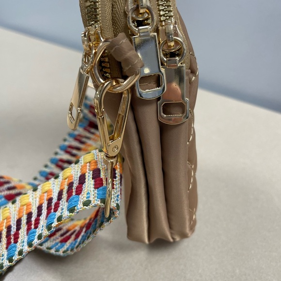 Quilted Mini Crossbody Bag with 3 Compartments & Multi-Color Strap - Tan - NWOT - Picture 3 of 5